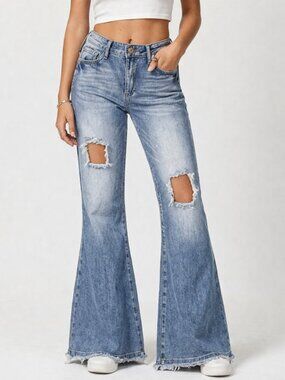 Petra 153 Flare Jeans 32x32 Blue Distressed Mid Rise Ripped Denim Y2K Streetwear